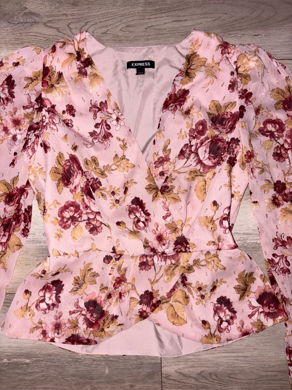 Express Pink Floral Wrap Blouse with Gold Accents